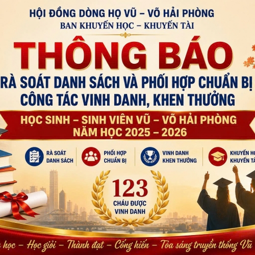 THÔNG BÁO Về việc rà soát danh sách và phối hợp chuẩn bị công tác vinh danh, khen thưởng học sinh – sinh viên Vũ – Võ Hải Phòng năm học 2025–2026